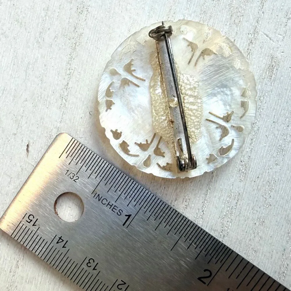 Vintage Hand Carved Mother of Pearl Floral Brooch Pin